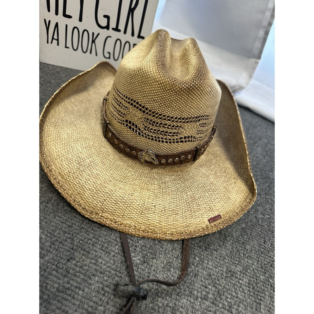 Bullhide Straw Cowboy Cowgirl Hat Size S Western Horse Concho Tooled Leather